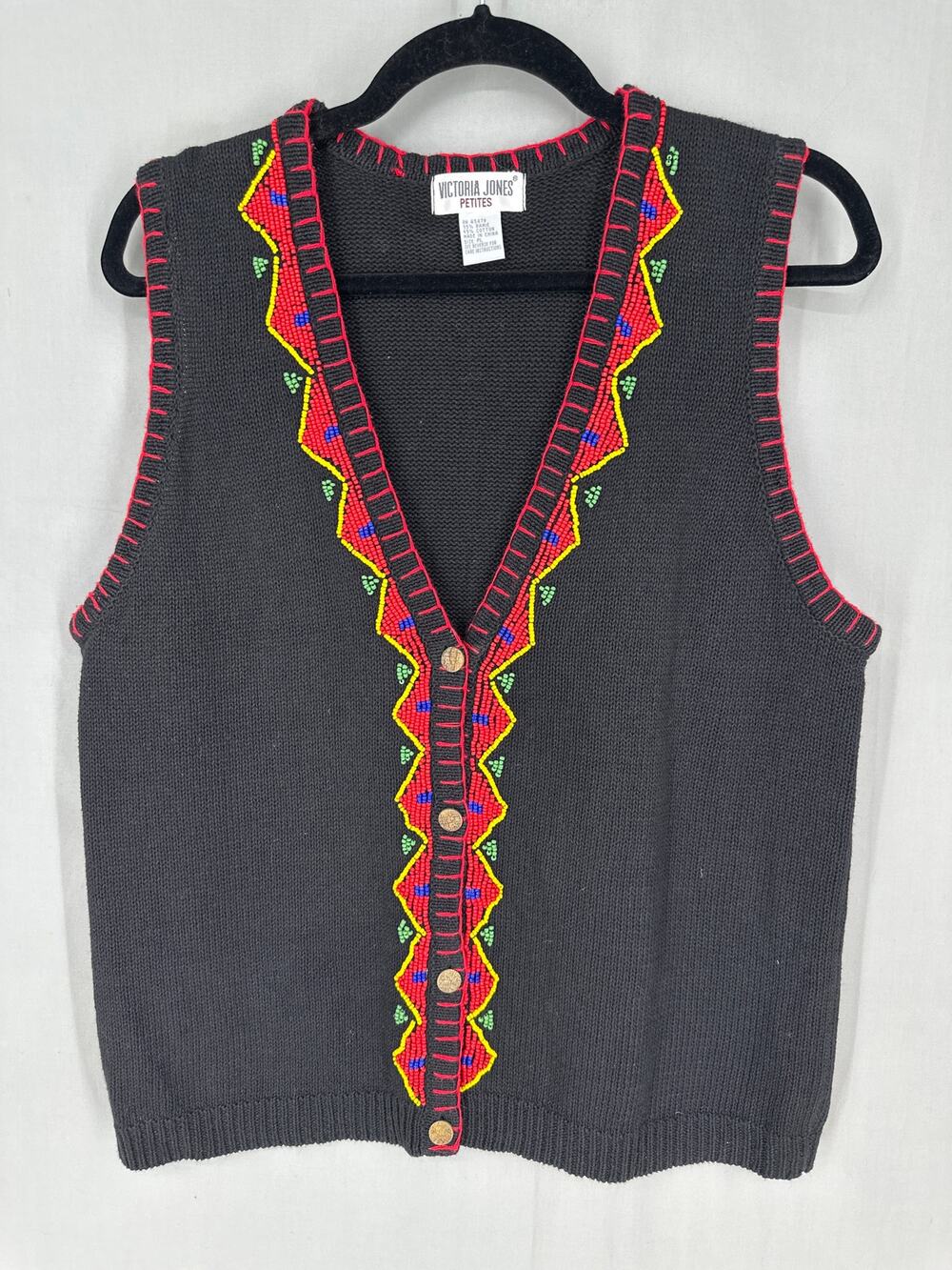 90s Vintage Vest Women Large Black Beaded Western Aztec Button Boho Bohemian